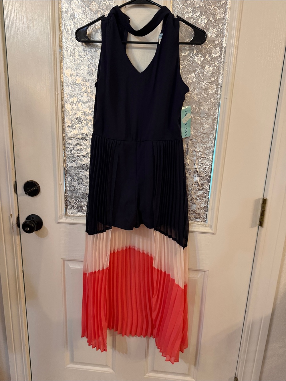 Navy, Cream & Coral Pleated Colorblock Girls Formal Dress